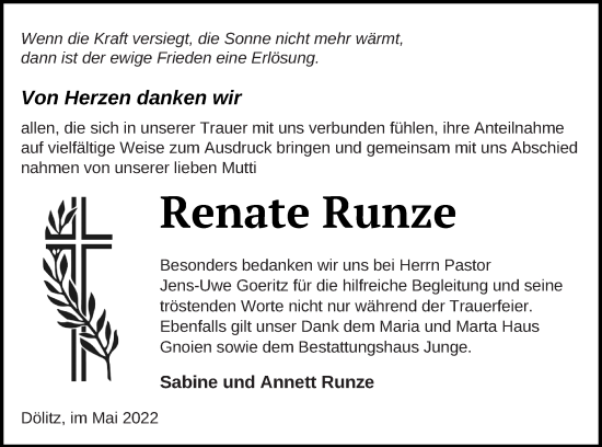 Traueranzeige von Renate Runze von Mecklenburger Schweiz