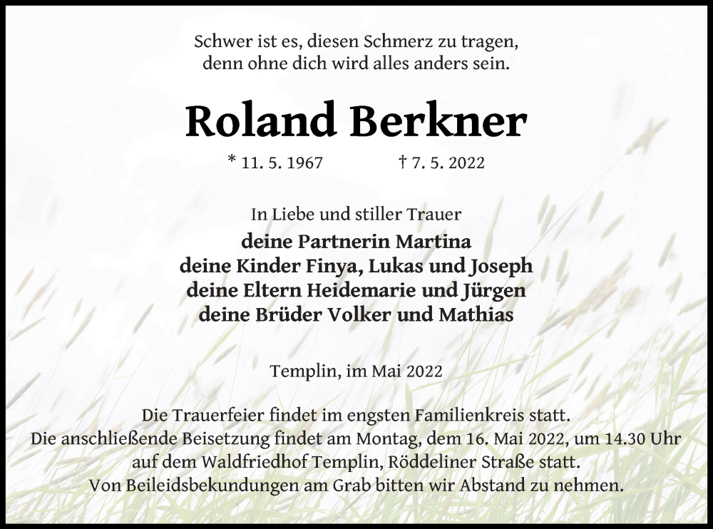  Traueranzeige für Roland Berkner vom 13.05.2022 aus Templiner Zeitung
