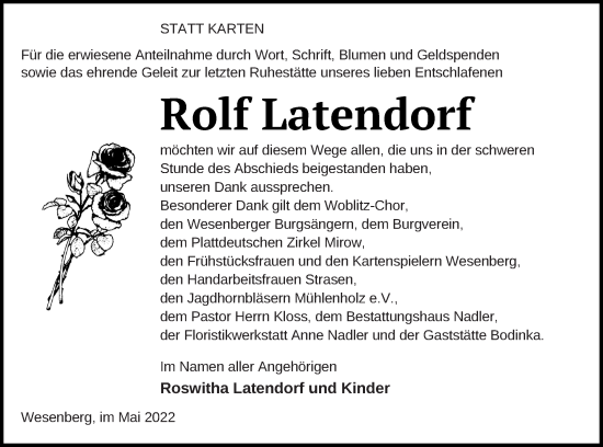 Traueranzeige von Rolf Latendorf von Strelitzer Zeitung