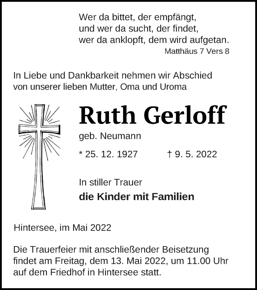  Traueranzeige für Ruth Gerloff vom 12.05.2022 aus Haff-Zeitung