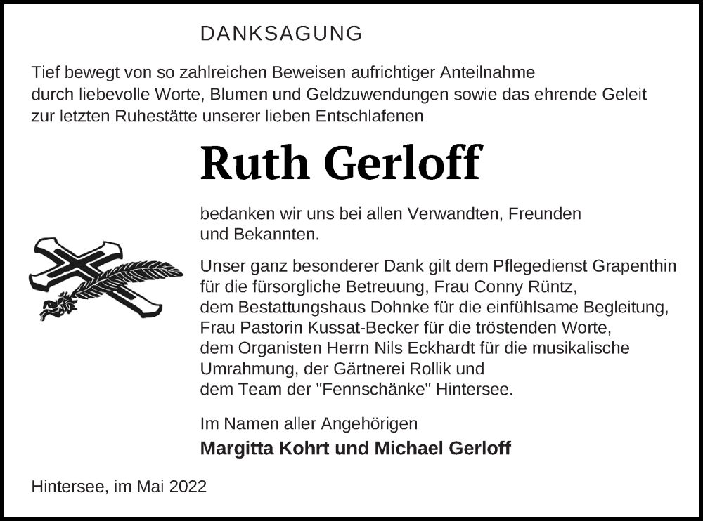  Traueranzeige für Ruth Gerloff vom 28.05.2022 aus Haff-Zeitung