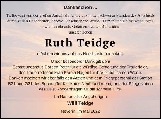 Traueranzeige von Ruth Teidge von Neubrandenburger Zeitung