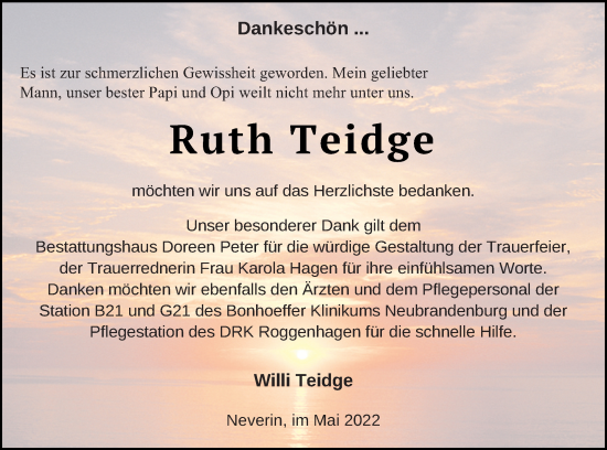 Traueranzeige von Ruth Teidge von Neubrandenburger Zeitung