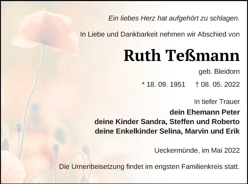  Traueranzeige für Ruth Teßmann vom 13.05.2022 aus Haff-Zeitung