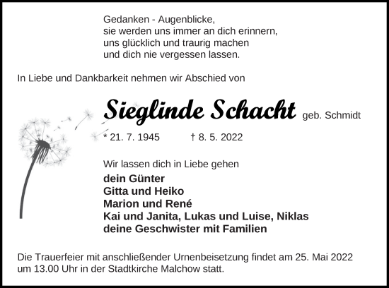 Traueranzeige von Sieglinde Schacht von Müritz-Zeitung