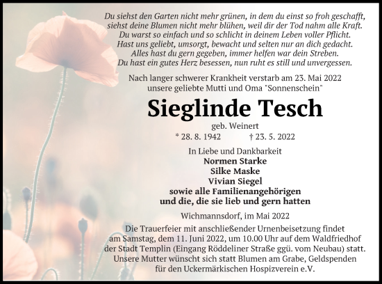 Traueranzeige von Sieglinde Tesch von Templiner Zeitung