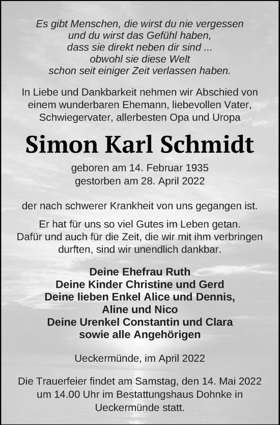 Traueranzeige von Simon Karl Schmidt von Haff-Zeitung