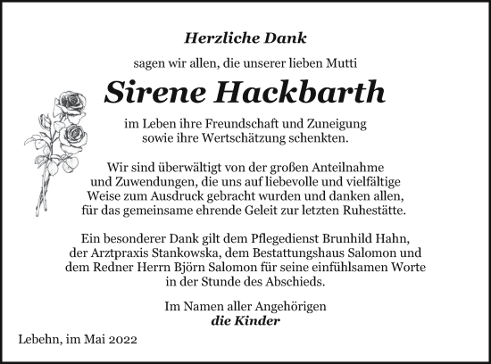 Traueranzeige von Sirene Hackbarth von Pasewalker Zeitung