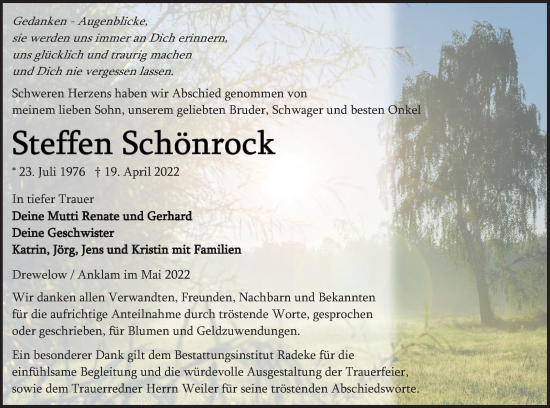 Traueranzeige von Steffen Schönrock von Vorpommern Kurier