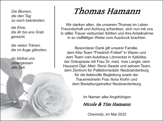 Traueranzeige von Thomas Hamann von Neubrandenburger Zeitung