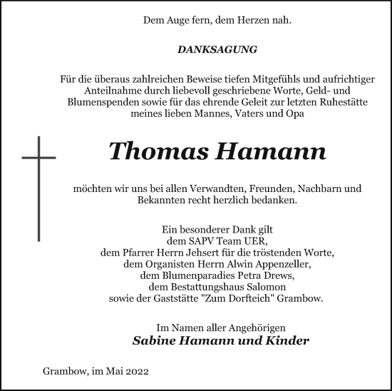 Traueranzeige von Thomas Hamann von Pasewalker Zeitung