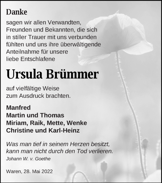 Traueranzeige von Ursula Brümmer von Müritz-Zeitung