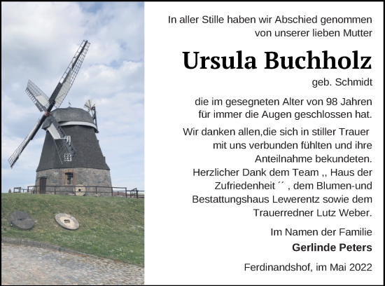 Traueranzeige von Ursula Buchholz von Haff-Zeitung