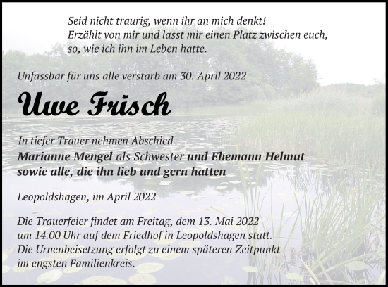 Traueranzeige von Uwe Frisch von Haff-Zeitung