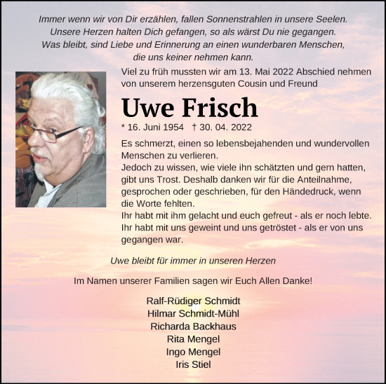 Traueranzeige von Uwe Frisch von Haff-Zeitung