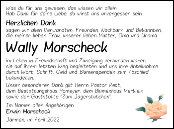 Traueranzeige von Wally Morscheck von Vorpommern Kurier