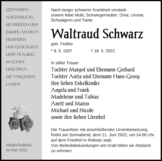 Traueranzeige von Waltraud Schwarz von Pasewalker Zeitung