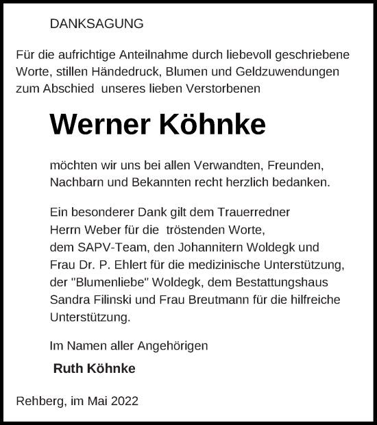 Traueranzeige von Werner Köhnke von Strelitzer Zeitung