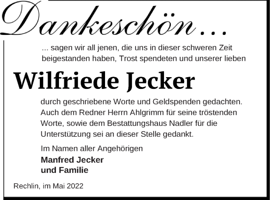 Traueranzeige von Wilfriede Jecker von Müritz-Zeitung