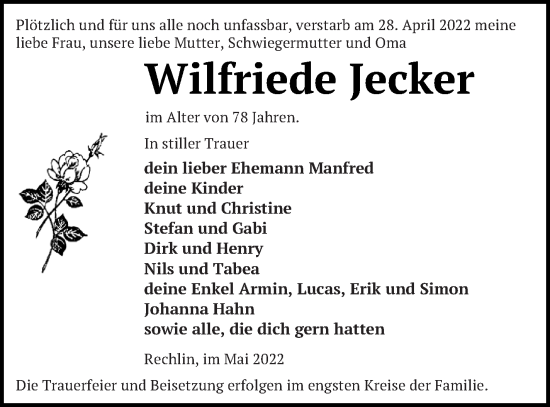 Traueranzeige von Wilfriede Jecker von Müritz-Zeitung