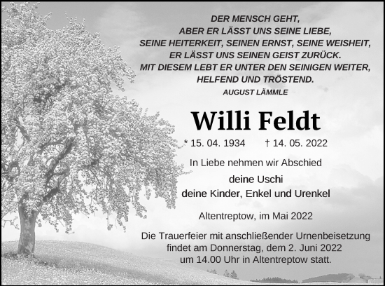 Traueranzeige von Willi Feldt von Neubrandenburger Zeitung