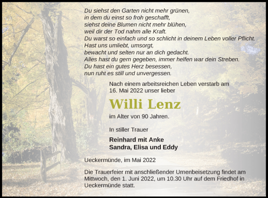 Traueranzeige von Willi Lenz von Haff-Zeitung