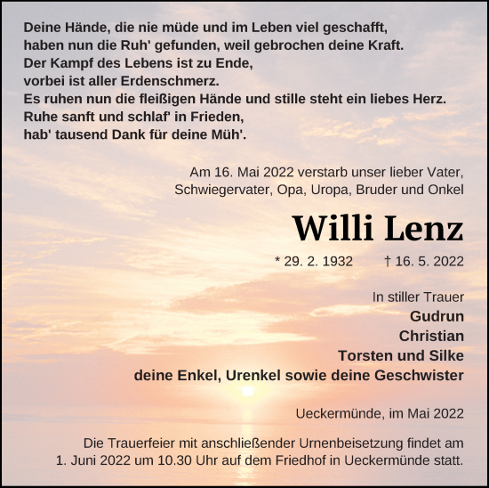 Traueranzeige von Willi Lenz von Haff-Zeitung