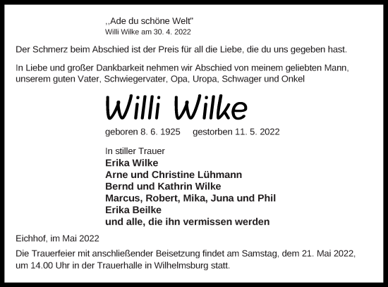 Traueranzeige von Willi Wilke von Haff-Zeitung