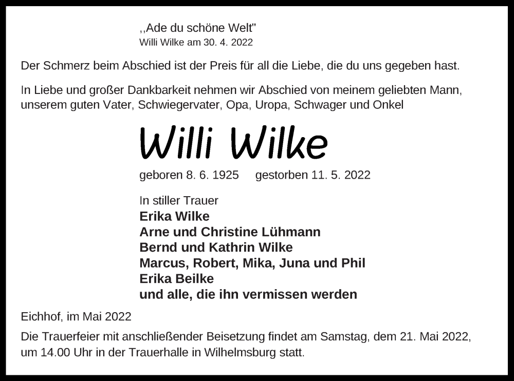  Traueranzeige für Willi Wilke vom 14.05.2022 aus Haff-Zeitung