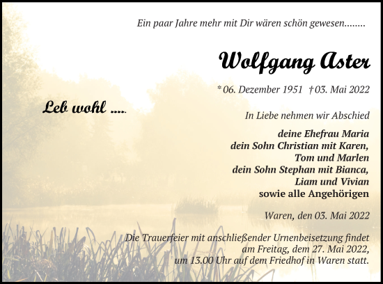 Traueranzeige von Wolfgang Aster von Müritz-Zeitung