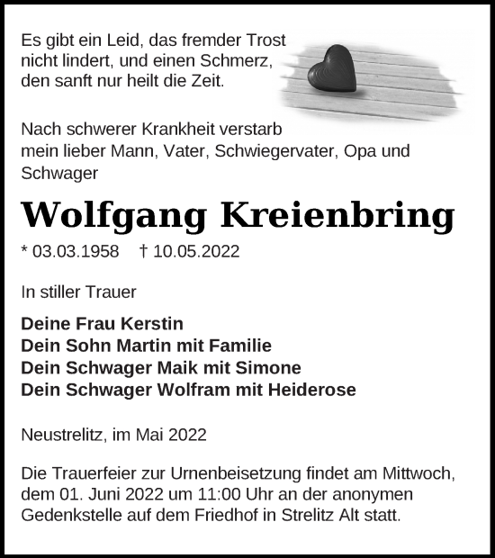 Traueranzeige von Wolfgang Kreienbring von Strelitzer Zeitung