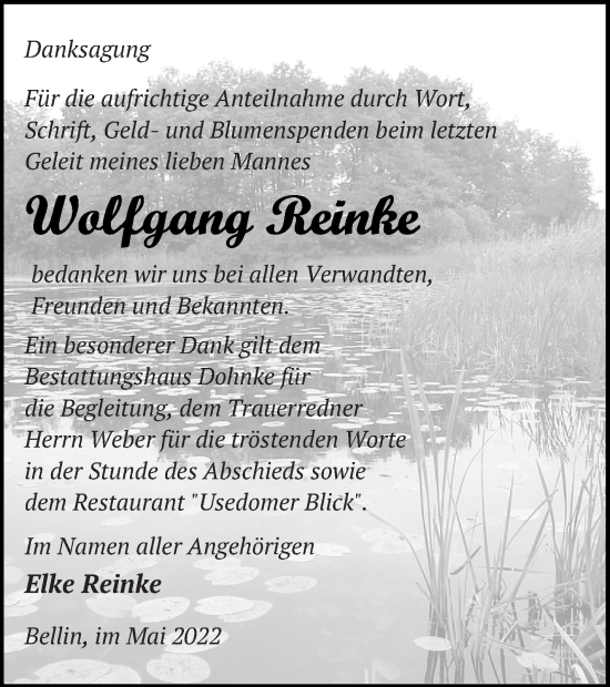 Traueranzeige von Wolfgang Reinke von Haff-Zeitung