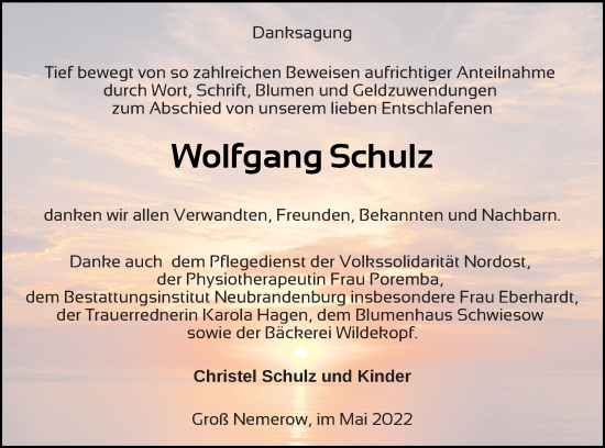 Traueranzeige von Wolfgang Schulz von Neubrandenburger Zeitung