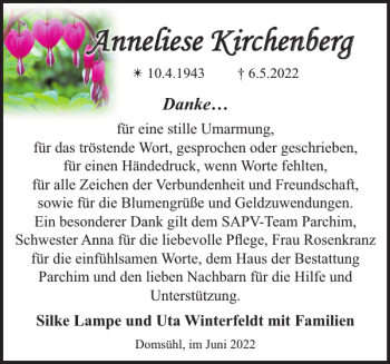 Traueranzeige von Anneliese Kirchenberg von Parchimer Zeitung