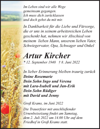 Traueranzeige von Artur Kircher von Hagenower Kreisblatt