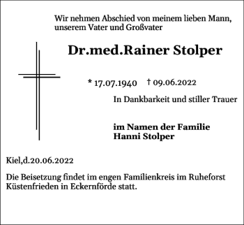 Traueranzeige von Dr. med. Rainer Stolper von Zeitung für Lübz - Goldberg - Plau