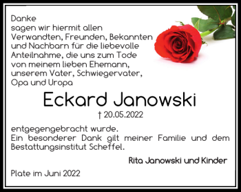 Traueranzeige von Eckard Janowski von Zeitung für die Landeshauptstadt