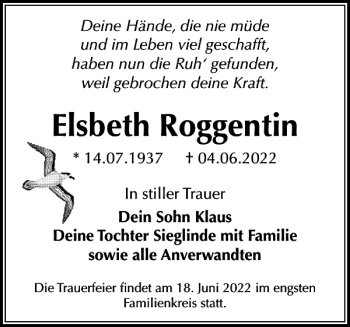 Traueranzeige von Elsbeth Roggentin von Zeitung für die Landeshauptstadt