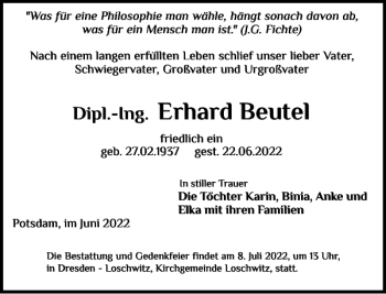 Traueranzeige von Erhard Beutel von Bützower Zeitung