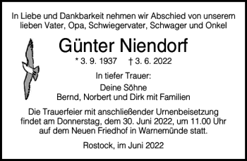 Traueranzeige von Günter Niendorf von Norddeutsche Neueste Nachrichten