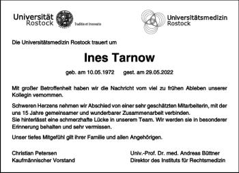 Traueranzeige von Ines Tarnow von Norddeutsche Neueste Nachrichten