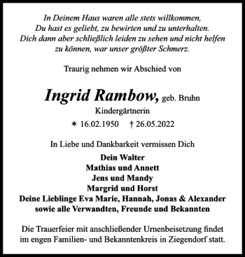 Traueranzeige von Ingrid Rambow von Parchimer Zeitung