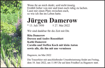 Traueranzeige von Jürgen Damerow von Hagenower Kreisblatt