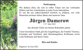 Traueranzeige von Jürgen Damerow von Hagenower Kreisblatt