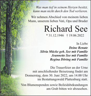 Traueranzeige von Richard See von Der Prignitzer