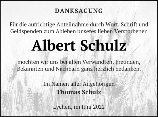 Traueranzeige von Albert Schulz von Templiner Zeitung