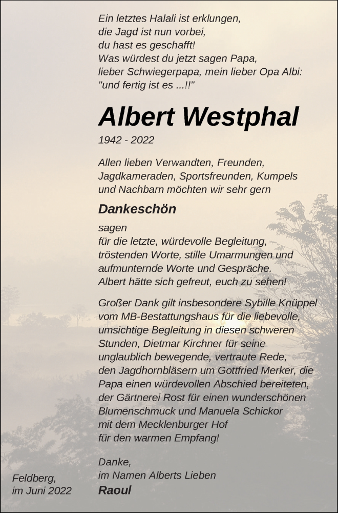  Traueranzeige für Albert Westphal vom 18.06.2022 aus Strelitzer Zeitung