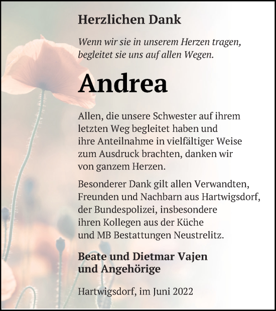 Traueranzeige von Andrea  von Strelitzer Zeitung