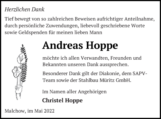 Traueranzeige von Andreas Hoppe von Müritz-Zeitung