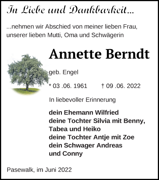 Traueranzeige von Annette Berndt von Pasewalker Zeitung